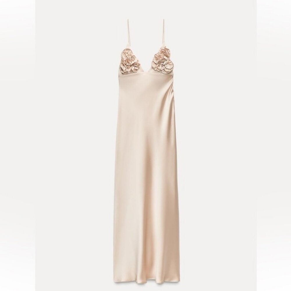 Zara Cream Satin Dress with Floral Detail